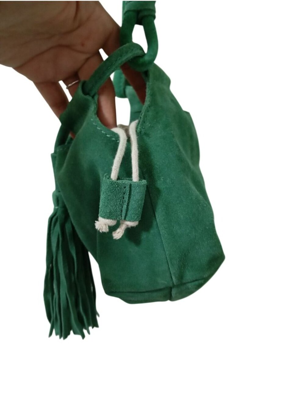 Zara Trafaluc Green Suede Fringe Crossbody Bag Cotton-Linen Drawstring Lining - Picture 5 of 11